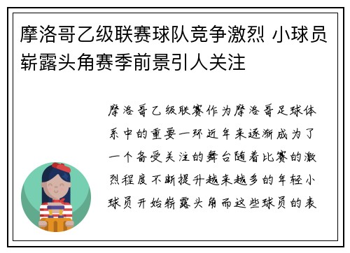 摩洛哥乙级联赛球队竞争激烈 小球员崭露头角赛季前景引人关注