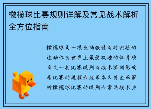 橄榄球比赛规则详解及常见战术解析全方位指南